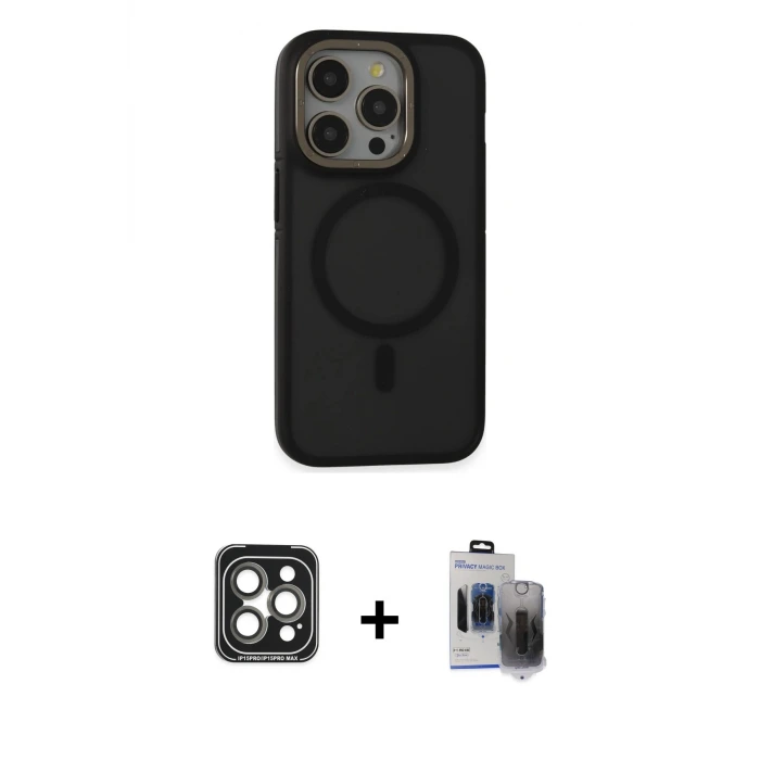 ieg™ iPhone 15 Pro Max Kılıf Ahenk Form Serisi - Siyah Vanessa Magic Hayalet Cam + PVD Metal Kamera Lens - GI