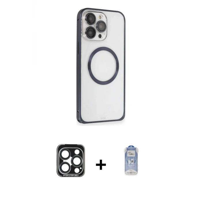 ieg™ iPhone 15 Pro Max Kılıf Ahenk Işık Serisi - Siyah Joko Magic 5D Cam + PVD Metal Kamera Lens - LT