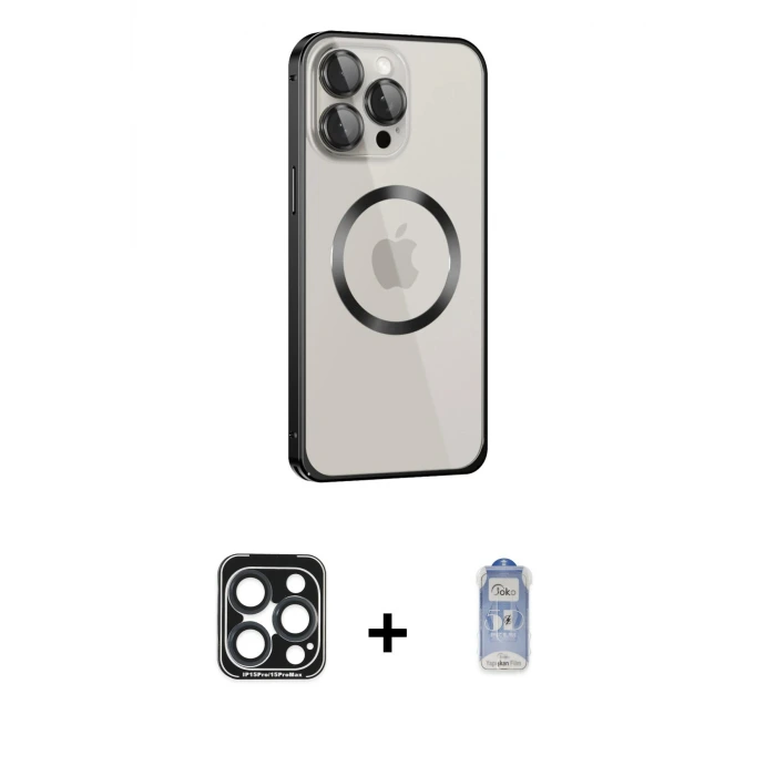 ieg™ iPhone 15 Pro Max Kılıf Ahenk Işık Serisi - Siyah Joko Magic 5D Cam + PVD Metal Kamera Lens - LT