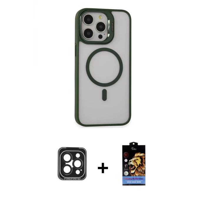 ieg™ iPhone 15 Pro Max Kılıf Ahenk Klasik Özel Seri - Siyah Buffer Hayalet Cam Ekran Koruyucu + PVD Metal Kamera Lens - SH