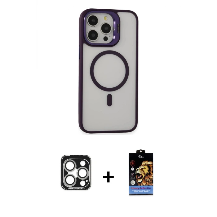 ieg™ iPhone 15 Pro Max Kılıf Ahenk Klasik Özel Seri - Siyah Buffer Hayalet Cam Ekran Koruyucu + PVD Metal Kamera Lens - GS