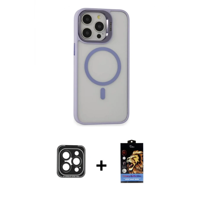 ieg™ iPhone 15 Pro Max Kılıf Ahenk Klasik Özel Seri - Siyah Buffer Hayalet Cam Ekran Koruyucu + PVD Metal Kamera Lens - SH