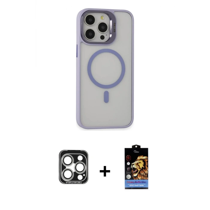 ieg™ iPhone 15 Pro Max Kılıf Ahenk Klasik Özel Seri - Siyah Buffer Hayalet Cam Ekran Koruyucu + PVD Metal Kamera Lens - GS