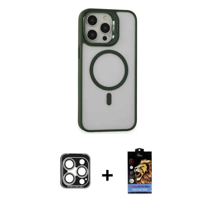 ieg™ iPhone 15 Pro Max Kılıf Ahenk Klasik Özel Seri - Siyah Buffer Hayalet Cam Ekran Koruyucu + PVD Metal Kamera Lens - GS