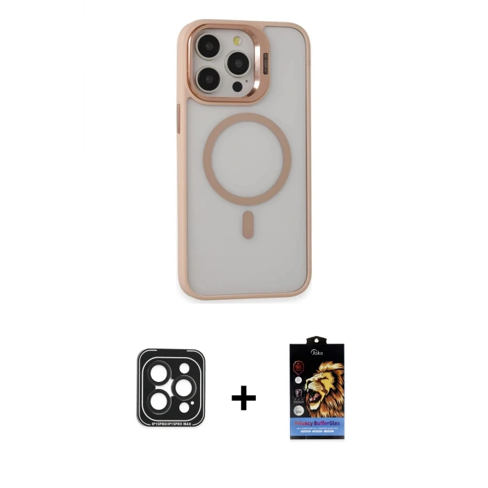ieg™ iPhone 15 Pro Max Kılıf Ahenk Klasik Özel Seri - Siyah Buffer Hayalet Cam Ekran Koruyucu + PVD Metal Kamera Lens - SH