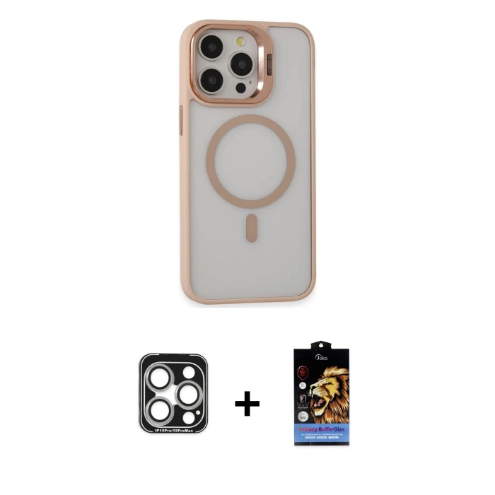 ieg™ iPhone 15 Pro Max Kılıf Ahenk Klasik Özel Seri - Siyah Buffer Hayalet Cam Ekran Koruyucu + PVD Metal Kamera Lens - GS