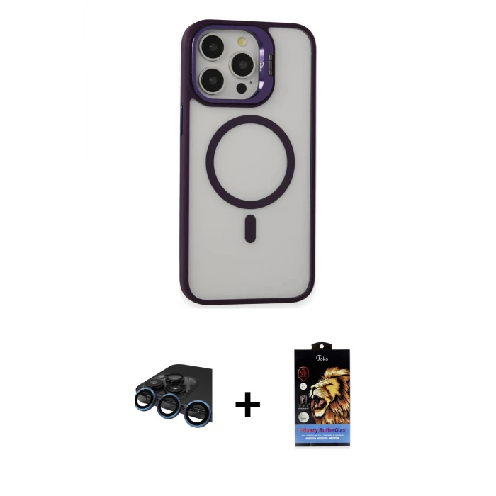 ieg™ iPhone 15 Pro Max Kılıf Ahenk Klasik Özel Seri - Siyah Buffer Hayalet Cam Ekran Koruyucu + Raze Metal Kamera Lens - LT