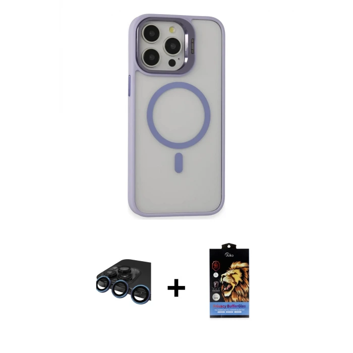 ieg™ iPhone 15 Pro Max Kılıf Ahenk Klasik Özel Seri - Siyah Buffer Hayalet Cam Ekran Koruyucu + Raze Metal Kamera Lens - LT