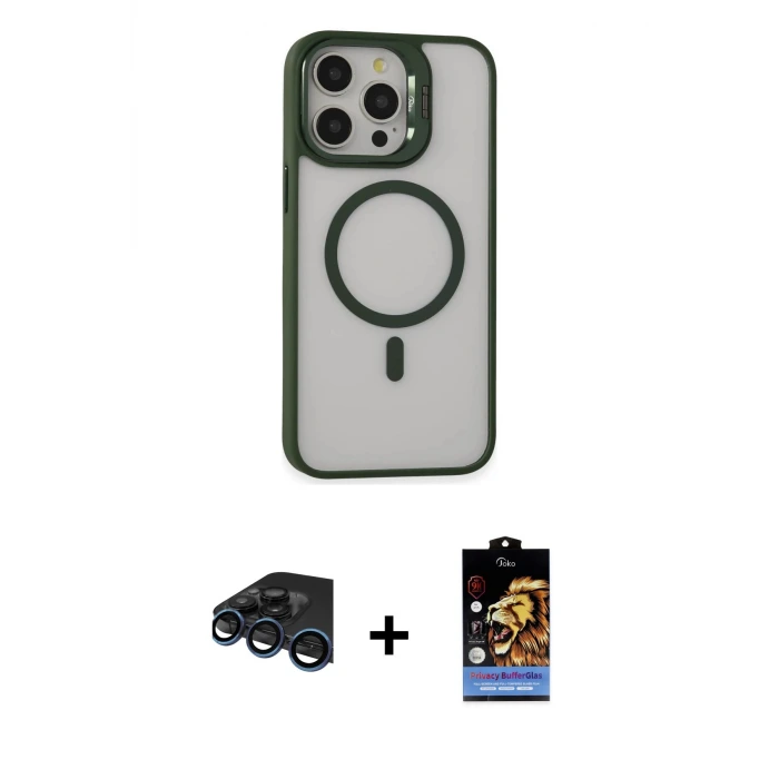 ieg™ iPhone 15 Pro Max Kılıf Ahenk Klasik Özel Seri - Siyah Buffer Hayalet Cam Ekran Koruyucu + Raze Metal Kamera Lens - LT