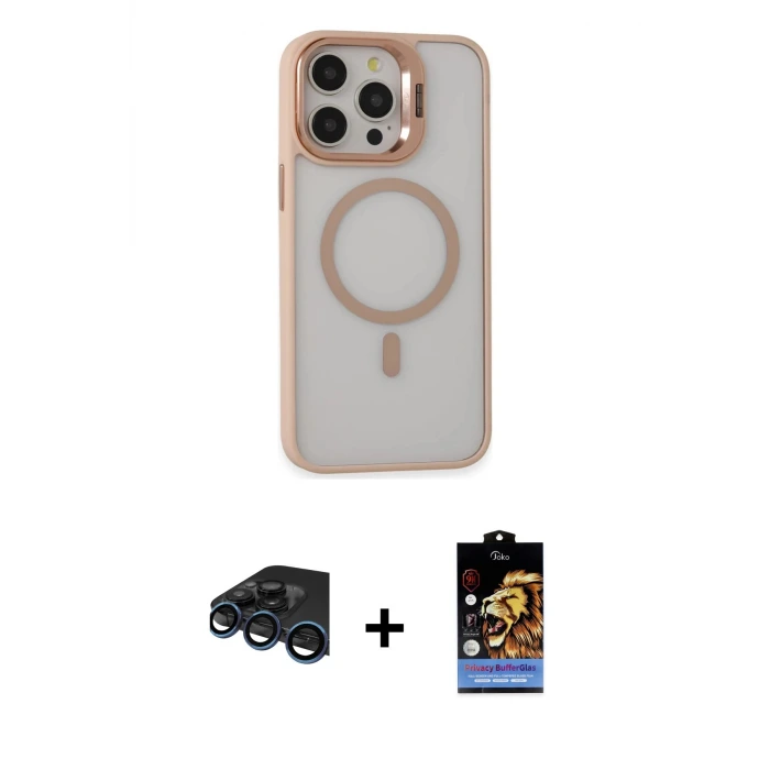 ieg™ iPhone 15 Pro Max Kılıf Ahenk Klasik Özel Seri - Siyah Buffer Hayalet Cam Ekran Koruyucu + Raze Metal Kamera Lens - LT