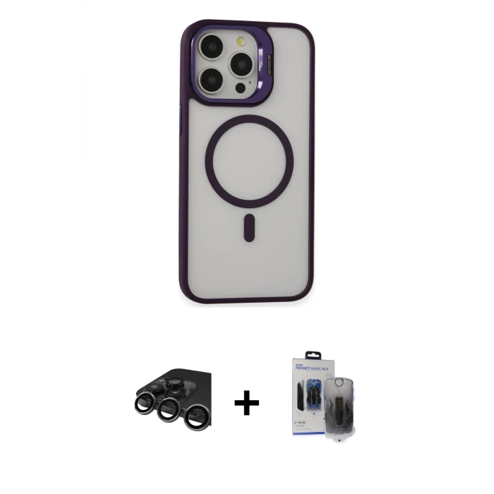 ieg™ iPhone 15 Pro Max Kılıf Ahenk Klasik Özel Seri - Siyah Vanessa Magic Hayalet Cam + Raze Metal Kamera Lens - TMGI