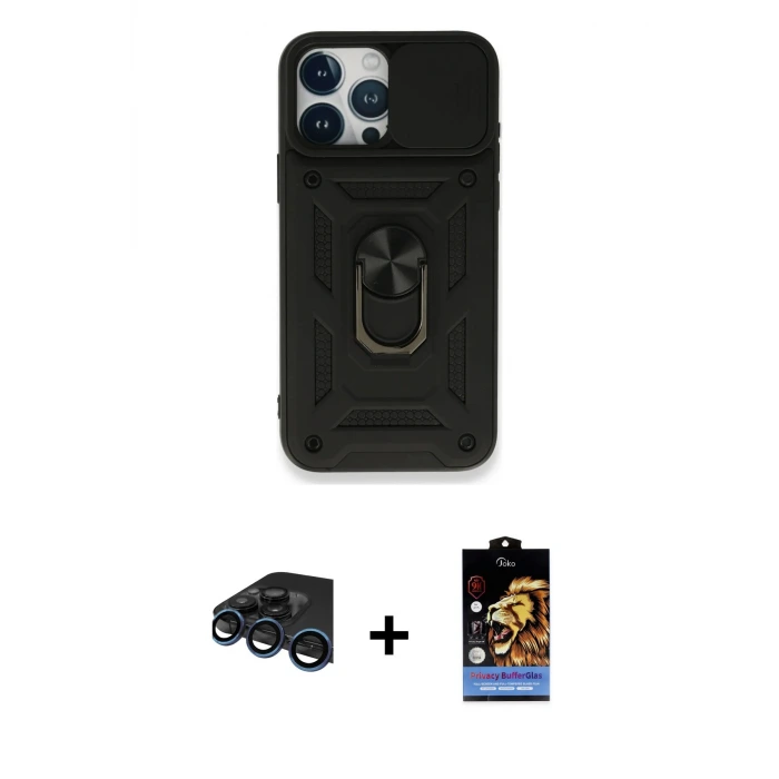 ieg™ iPhone 15 Pro Max Kılıf Ahenk Klasik - Siyah Buffer Hayalet Cam Ekran Koruyucu + Raze Metal Kamera Lens - LT