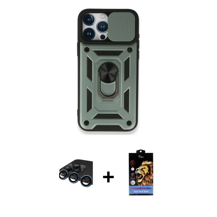 ieg™ iPhone 15 Pro Max Kılıf Ahenk Klasik - Siyah Buffer Hayalet Cam Ekran Koruyucu + Raze Metal Kamera Lens - LT