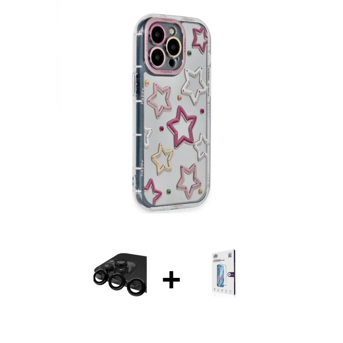 ieg™ iPhone 15 Pro Max Kılıf Ahenk Modern Serisi - Siyah Bilvis 0.18mm Plus Cam Ekran Koruyucu + Raze Metal Kamera Lens - SH