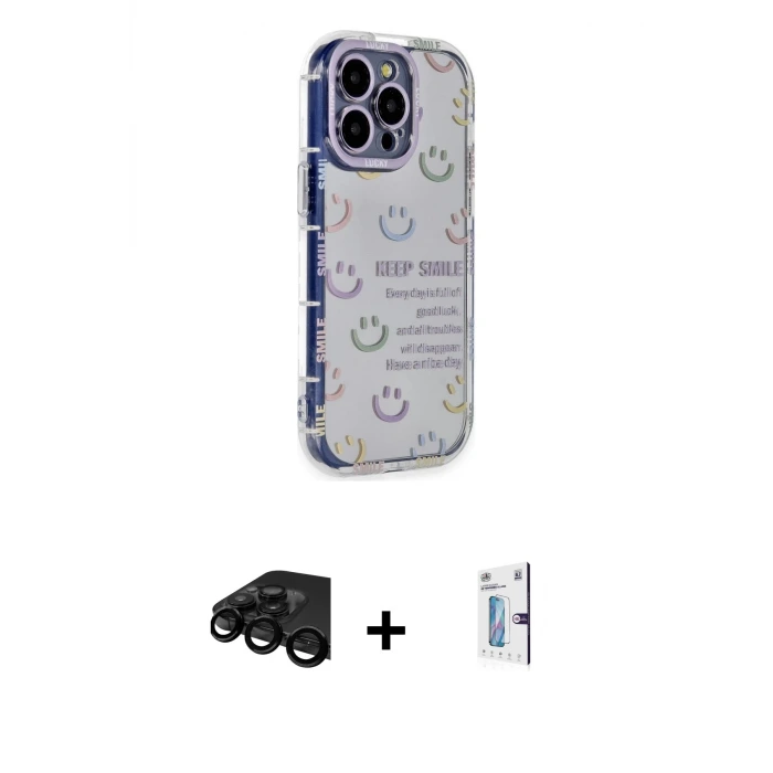ieg™ iPhone 15 Pro Max Kılıf Ahenk Modern Serisi - Siyah Bilvis 0.18mm Plus Cam Ekran Koruyucu + Raze Metal Kamera Lens - SH