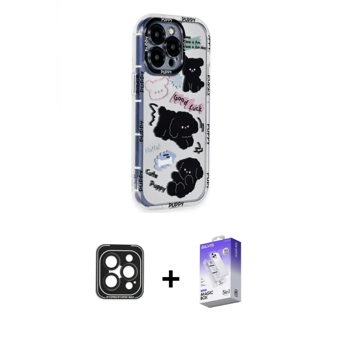 ieg™ iPhone 15 Pro Max Kılıf Ahenk Modern Serisi - Siyah Bilvis 5in1 3D Magic Cam Ekran Koruyucu + PVD Metal Kamera Lens - SH