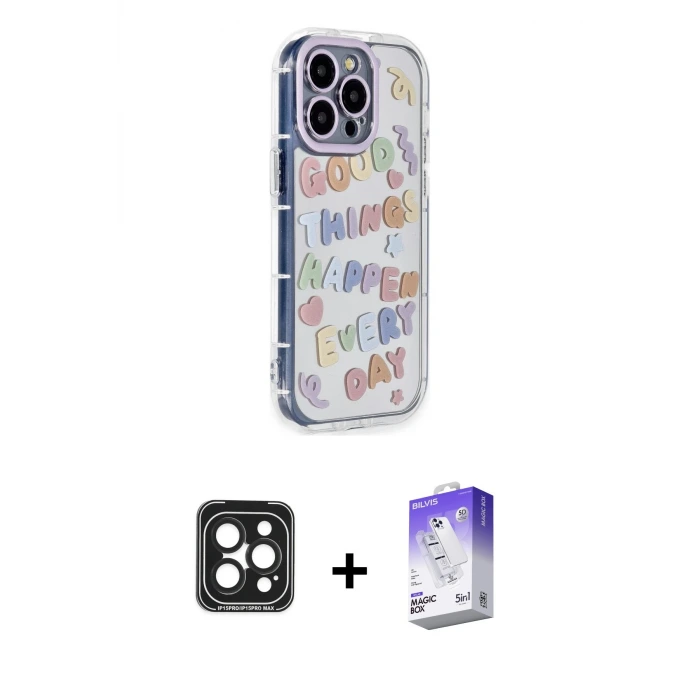 ieg™ iPhone 15 Pro Max Kılıf Ahenk Modern Serisi - Siyah Bilvis 5in1 3D Magic Cam Ekran Koruyucu + PVD Metal Kamera Lens - SH