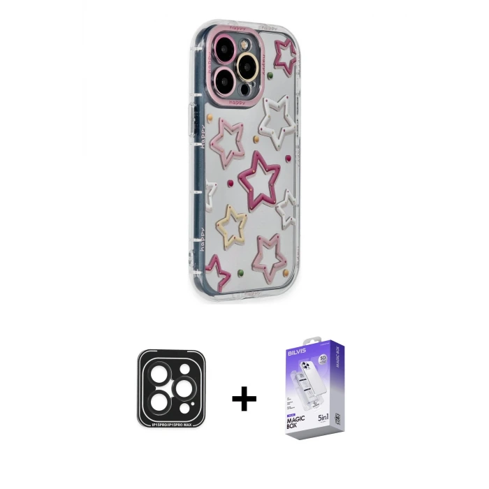 ieg™ iPhone 15 Pro Max Kılıf Ahenk Modern Serisi - Siyah Bilvis 5in1 3D Magic Cam Ekran Koruyucu + PVD Metal Kamera Lens - SH