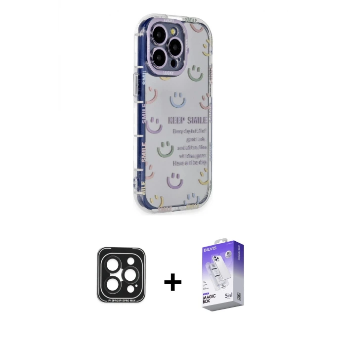 ieg™ iPhone 15 Pro Max Kılıf Ahenk Modern Serisi - Siyah Bilvis 5in1 3D Magic Cam Ekran Koruyucu + PVD Metal Kamera Lens - SH