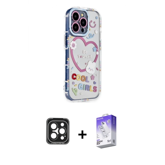 ieg™ iPhone 15 Pro Max Kılıf Ahenk Modern Serisi - Siyah Bilvis 5in1 3D Magic Cam Ekran Koruyucu + PVD Metal Kamera Lens - SH
