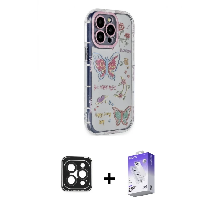 ieg™ iPhone 15 Pro Max Kılıf Ahenk Modern Serisi - Siyah Bilvis 5in1 3D Magic Cam Ekran Koruyucu + PVD Metal Kamera Lens - SH