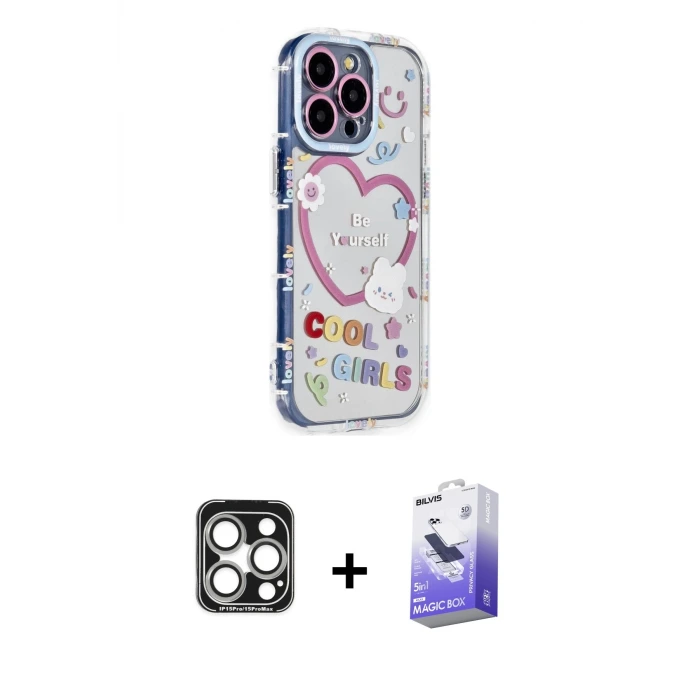 ieg™ iPhone 15 Pro Max Kılıf Ahenk Modern Serisi - Siyah Bilvis 5in1 5D Magic Hayalet Cam Ekran Koruyucu + PVD Metal Kamera Lens - GS
