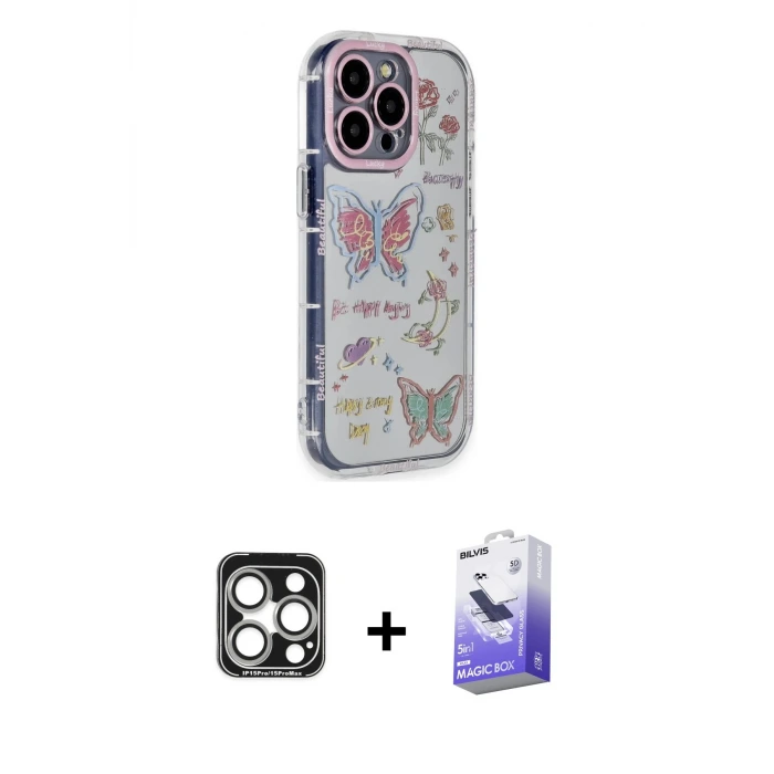 ieg™ iPhone 15 Pro Max Kılıf Ahenk Modern Serisi - Siyah Bilvis 5in1 5D Magic Hayalet Cam Ekran Koruyucu + PVD Metal Kamera Lens - GS