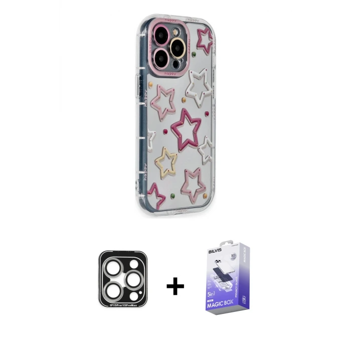 ieg™ iPhone 15 Pro Max Kılıf Ahenk Modern Serisi - Siyah Bilvis 5in1 5D Magic Hayalet Cam Ekran Koruyucu + PVD Metal Kamera Lens - GS