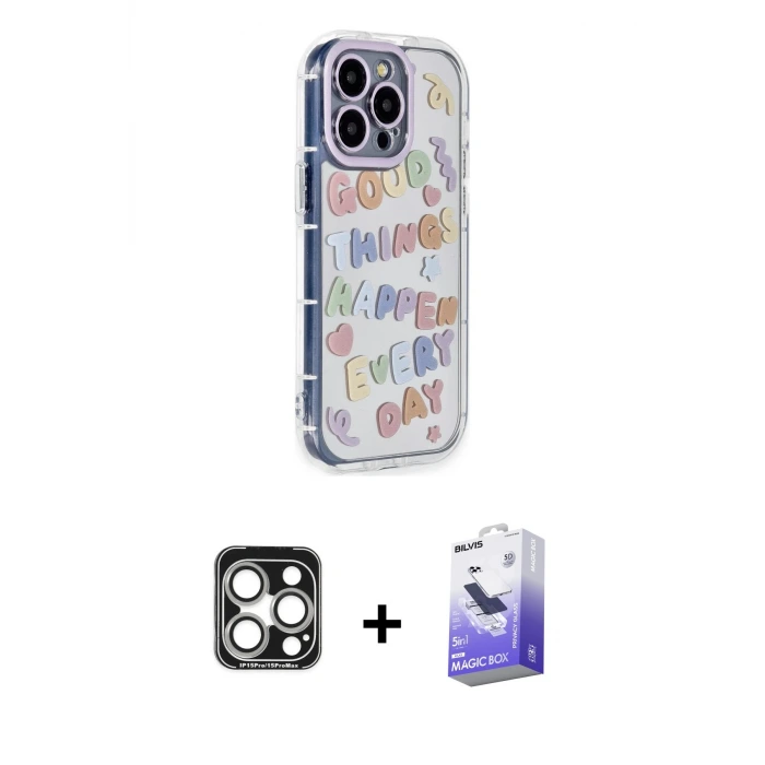 ieg™ iPhone 15 Pro Max Kılıf Ahenk Modern Serisi - Siyah Bilvis 5in1 5D Magic Hayalet Cam Ekran Koruyucu + PVD Metal Kamera Lens - GS