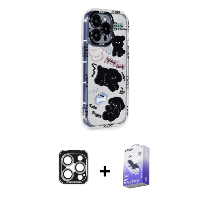 ieg™ iPhone 15 Pro Max Kılıf Ahenk Modern Serisi - Siyah Bilvis 5in1 5D Magic Hayalet Cam Ekran Koruyucu + PVD Metal Kamera Lens - GS