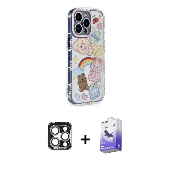 ieg™ iPhone 15 Pro Max Kılıf Ahenk Modern Serisi - Siyah Bilvis 5in1 5D Magic Hayalet Cam Ekran Koruyucu + PVD Metal Kamera Lens - GS