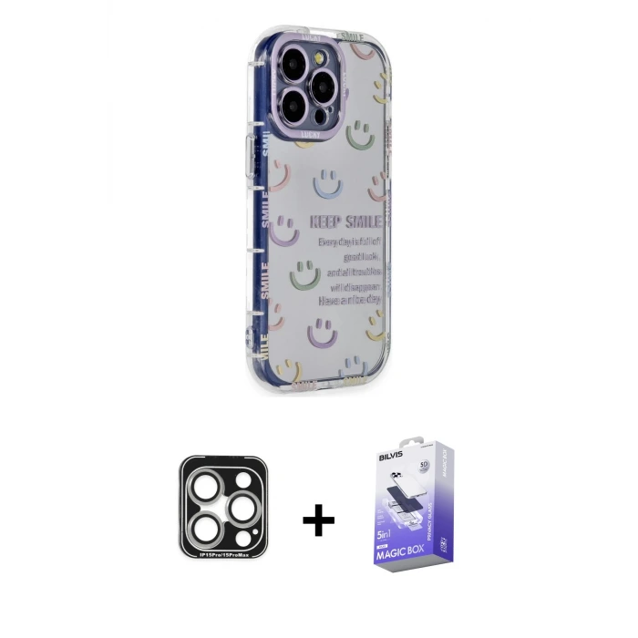ieg™ iPhone 15 Pro Max Kılıf Ahenk Modern Serisi - Siyah Bilvis 5in1 5D Magic Hayalet Cam Ekran Koruyucu + PVD Metal Kamera Lens - GS