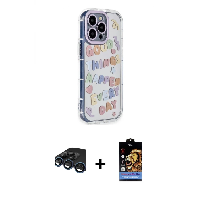 ieg™ iPhone 15 Pro Max Kılıf Ahenk Modern Serisi - Siyah Buffer Hayalet Cam Ekran Koruyucu + Raze Metal Kamera Lens - LT