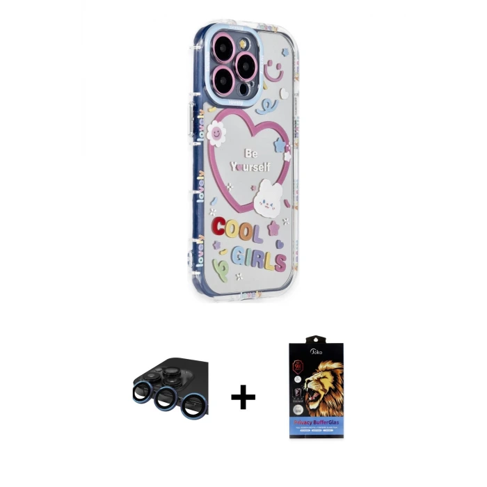 ieg™ iPhone 15 Pro Max Kılıf Ahenk Modern Serisi - Siyah Buffer Hayalet Cam Ekran Koruyucu + Raze Metal Kamera Lens - LT