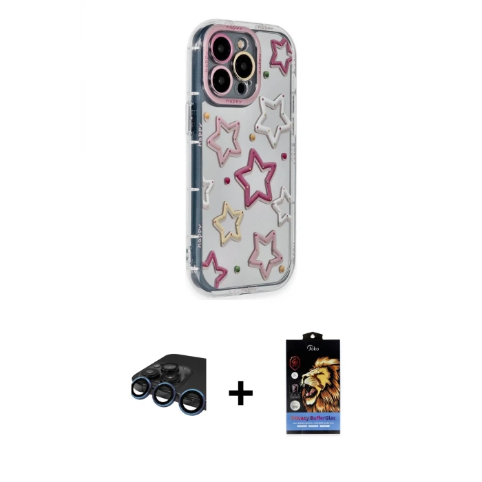 ieg™ iPhone 15 Pro Max Kılıf Ahenk Modern Serisi - Siyah Buffer Hayalet Cam Ekran Koruyucu + Raze Metal Kamera Lens - LT