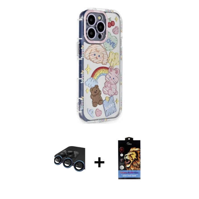 ieg™ iPhone 15 Pro Max Kılıf Ahenk Modern Serisi - Siyah Buffer Hayalet Cam Ekran Koruyucu + Raze Metal Kamera Lens - LT