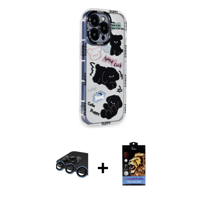 ieg™ iPhone 15 Pro Max Kılıf Ahenk Modern Serisi - Siyah Buffer Hayalet Cam Ekran Koruyucu + Raze Metal Kamera Lens - LT
