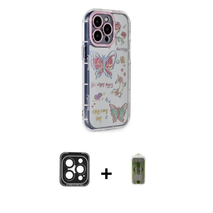 ieg™ iPhone 15 Pro Max Kılıf Ahenk Modern Serisi - Siyah Joko Magic 5D Hayalet Cam + PVD Metal Kamera Lens - SH