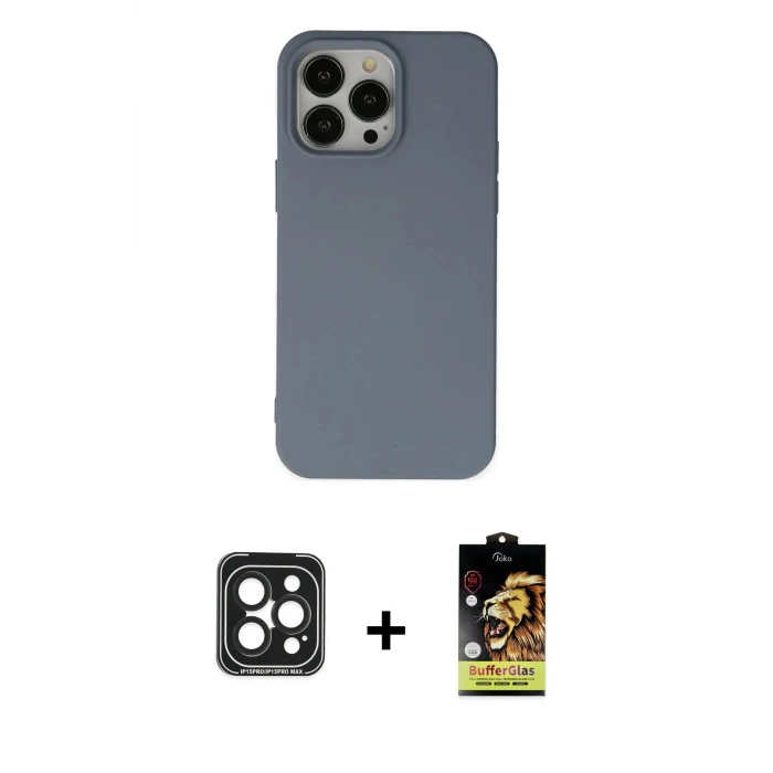ieg™ iPhone 15 Pro Max Kılıf Ahenk Serisi - Siyah Buffer Cam Ekran Koruyucu + PVD Metal Kamera Lens - SH