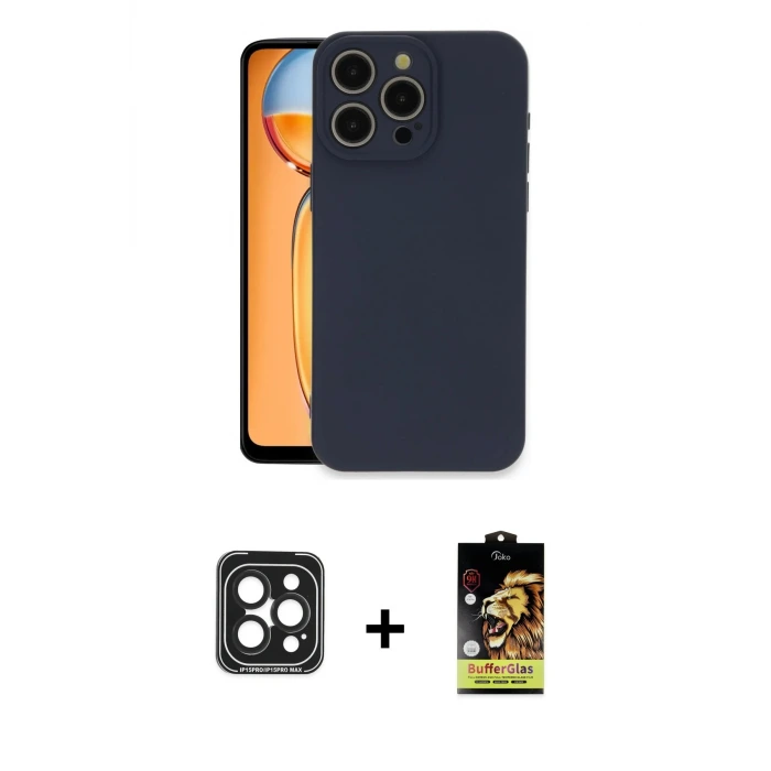 ieg™ iPhone 15 Pro Max Kılıf Ahenk Serisi - Siyah Buffer Cam Ekran Koruyucu + PVD Metal Kamera Lens - SH