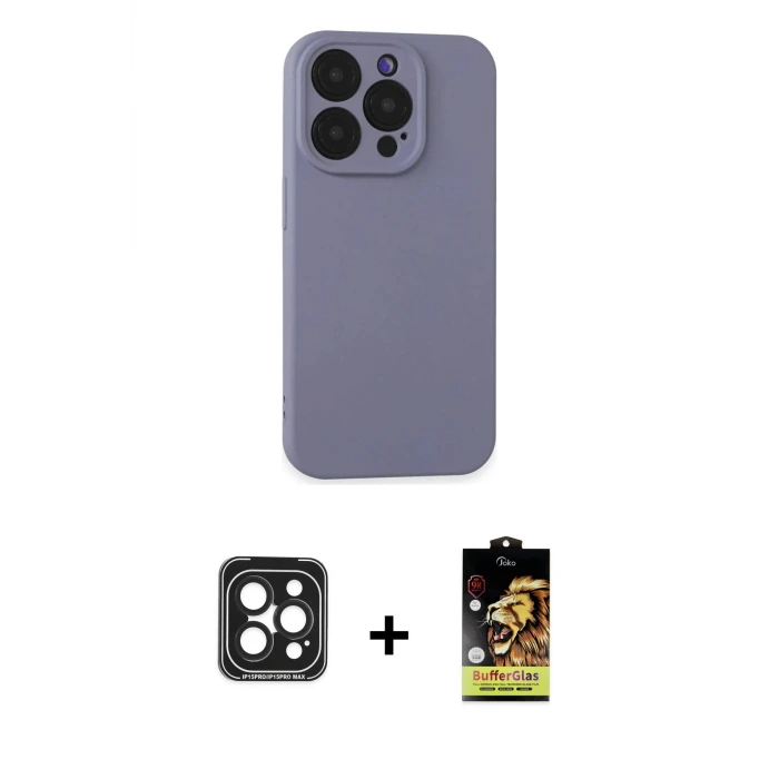 ieg™ iPhone 15 Pro Max Kılıf Ahenk Serisi - Siyah Buffer Cam Ekran Koruyucu + PVD Metal Kamera Lens - SH