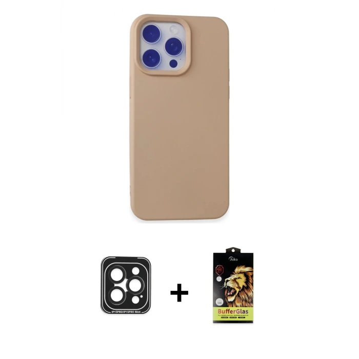 ieg™ iPhone 15 Pro Max Kılıf Ahenk Serisi - Siyah Buffer Cam Ekran Koruyucu + PVD Metal Kamera Lens - SH
