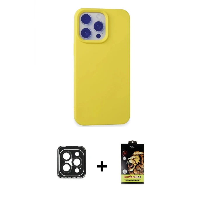 ieg™ iPhone 15 Pro Max Kılıf Ahenk Serisi - Siyah Buffer Cam Ekran Koruyucu + PVD Metal Kamera Lens - SH