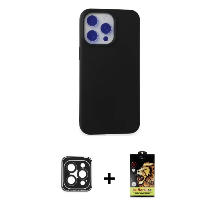 ieg™ iPhone 15 Pro Max Kılıf Ahenk Serisi - Siyah Buffer Cam Ekran Koruyucu + PVD Metal Kamera Lens - SH