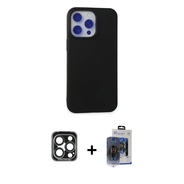 ieg™ iPhone 15 Pro Max Kılıf Ahenk Serisi - Siyah Vanessa Magic Cam + PVD Metal Kamera Lens - LT