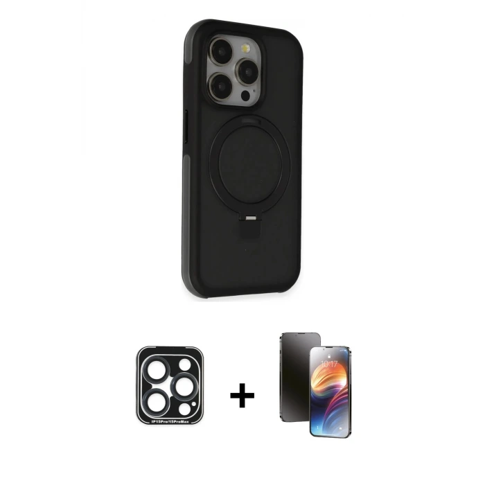 ieg™ iPhone 15 Pro Max Kılıf Ahenk Yansıma Özel Seri - Siyah 3D Antistatik Mat Seramik Nano Ekran Koruyucu + PVD Metal Kamera Lens - LT