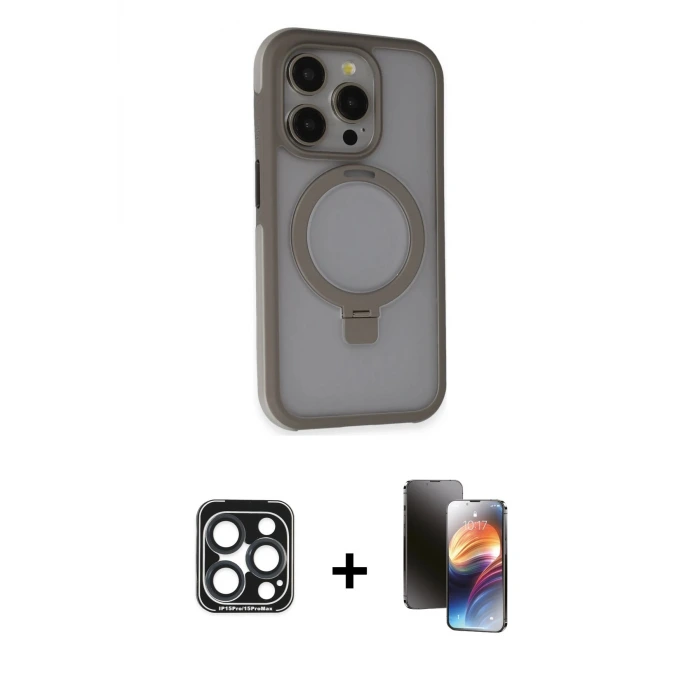 ieg™ iPhone 15 Pro Max Kılıf Ahenk Yansıma Özel Seri - Siyah 3D Antistatik Mat Seramik Nano Ekran Koruyucu + PVD Metal Kamera Lens - LT