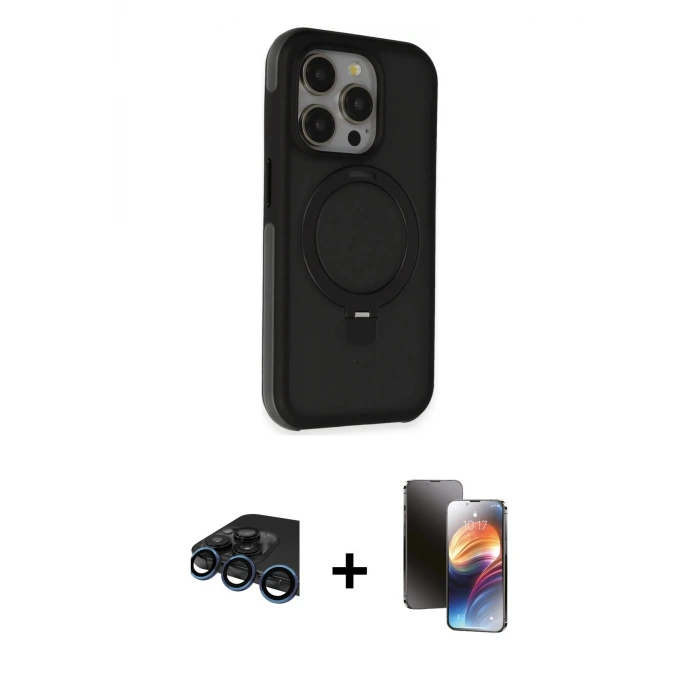 ieg™ iPhone 15 Pro Max Kılıf Ahenk Yansıma Özel Seri - Siyah 3D Antistatik Mat Seramik Nano Ekran Koruyucu + Raze Metal Kamera Lens - LT
