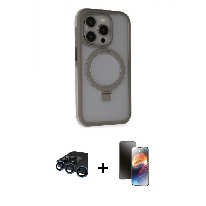 ieg™ iPhone 15 Pro Max Kılıf Ahenk Yansıma Özel Seri - Siyah 3D Antistatik Mat Seramik Nano Ekran Koruyucu + Raze Metal Kamera Lens - LT