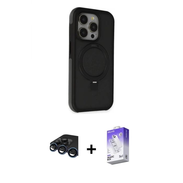 ieg™ iPhone 15 Pro Max Kılıf Ahenk Yansıma Özel Seri - Siyah Bilvis 5in1 3D Magic Cam Ekran Koruyucu + Raze Metal Kamera Lens - LT